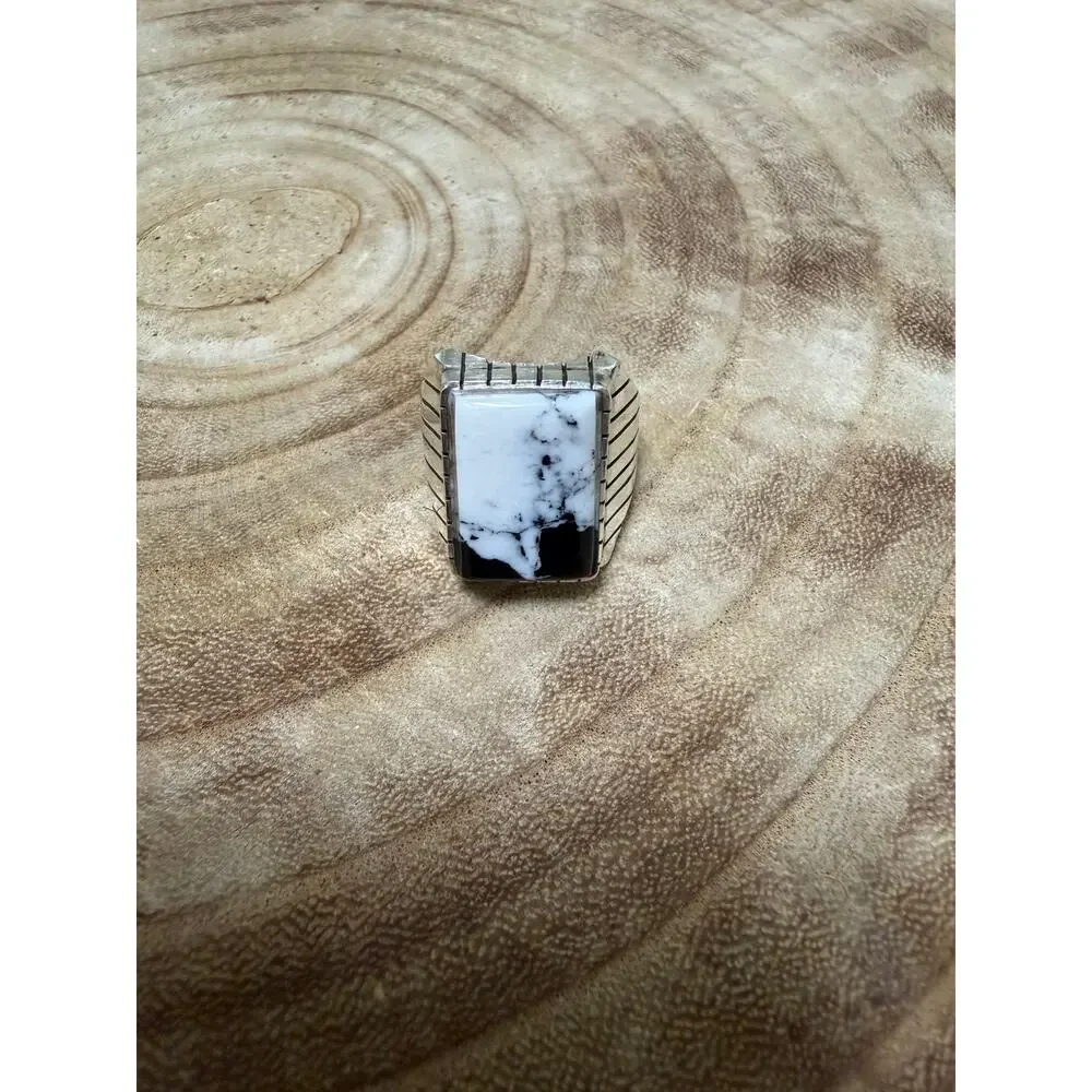Navajo White Buffalo Turquoise Men's Ring Size 10 Silver  Sterling - Trevor Jack